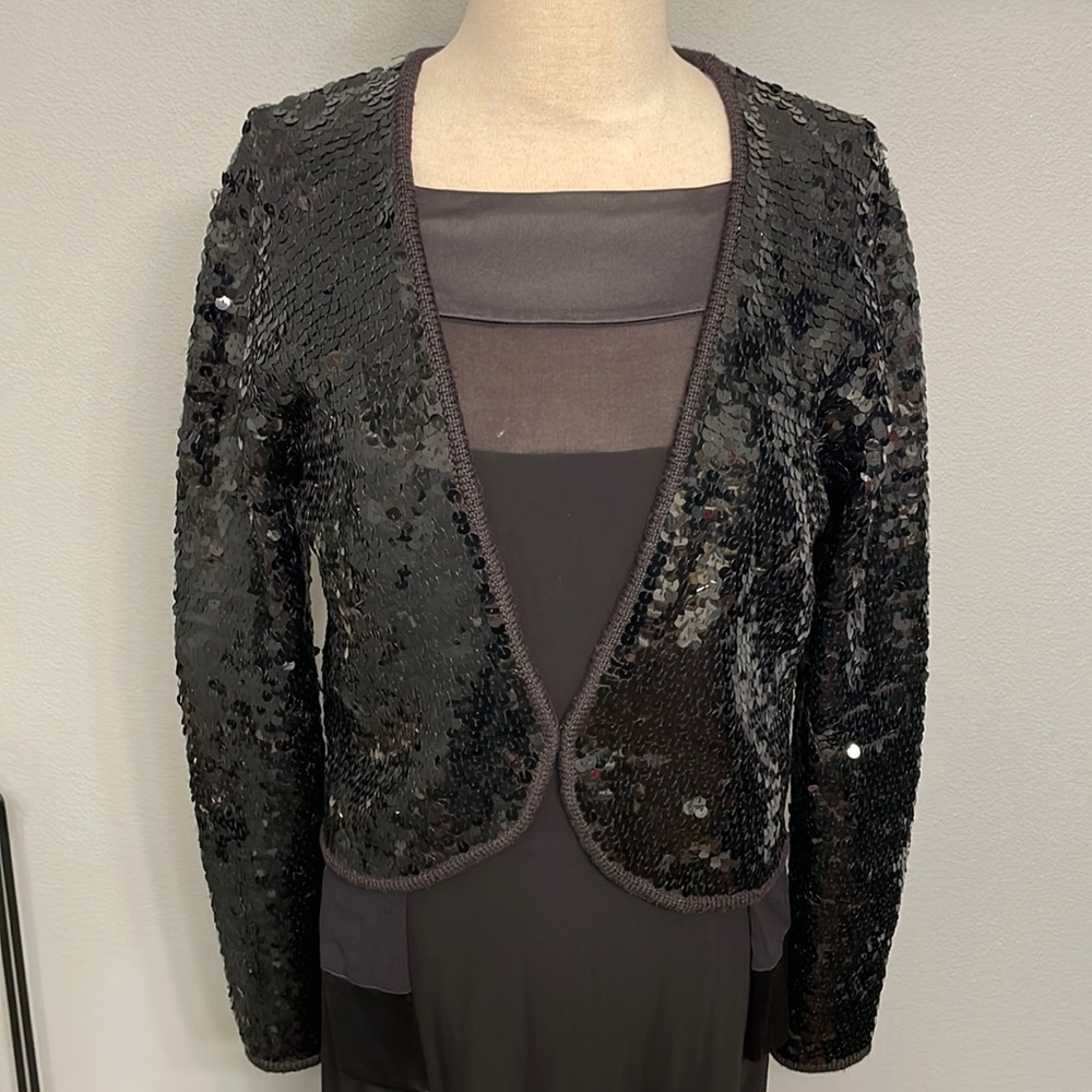 Knitting Needles Sequin Long Sleeve Jacket Black size M hook eye closure